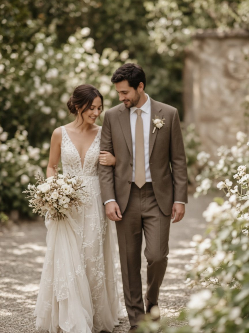 Pareja caminando en un jardín durante su boda